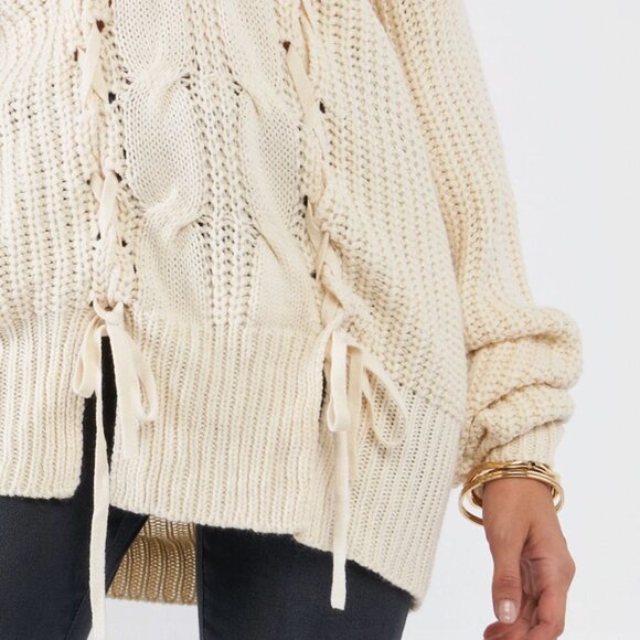 Beige Laced Up Off Shoulder V Neck Tunic Sweater - Picture 6 of 10